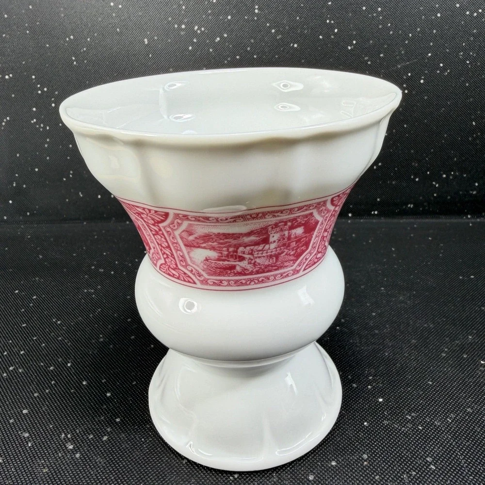 Heinrich Germany Porcelain Vase Pink White Scenic Transferware Castle 4.5 Inch